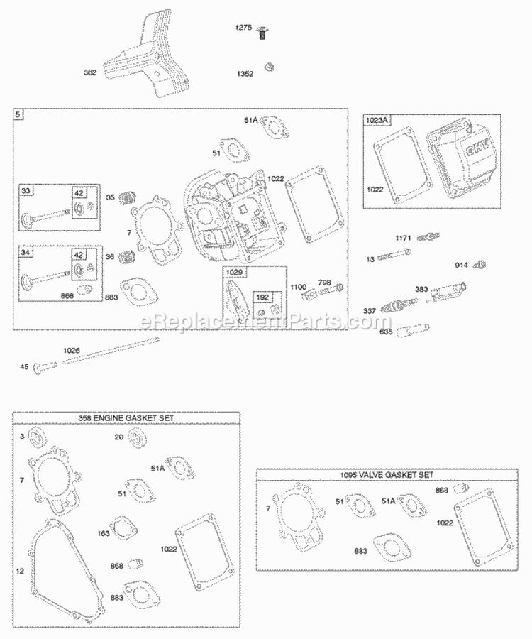 Cylinder Head Gasket Set - Engine Gasket Set - Valve Valves Diagram and Parts List for 20E214-0358-E1  Briggs and Stratton Engine